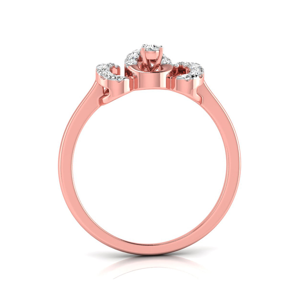 A rose gold ring with a three-stone crown design, featuring a central round gemstone and smaller side stones, shown on a clean white background.