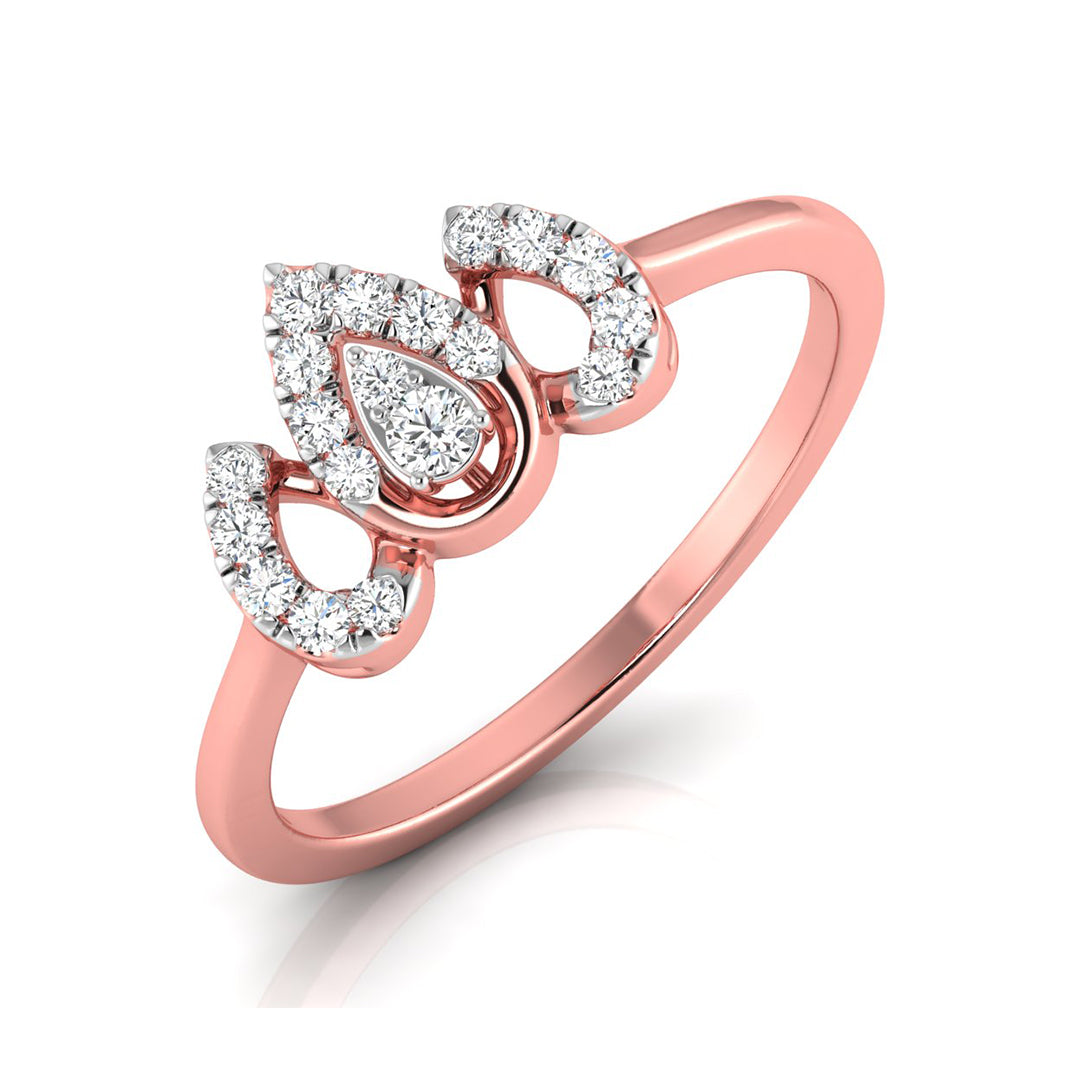 A rose gold ring featuring a crown-like top set with multiple round and pear-cut clear gemstones, shown on a clean white background.