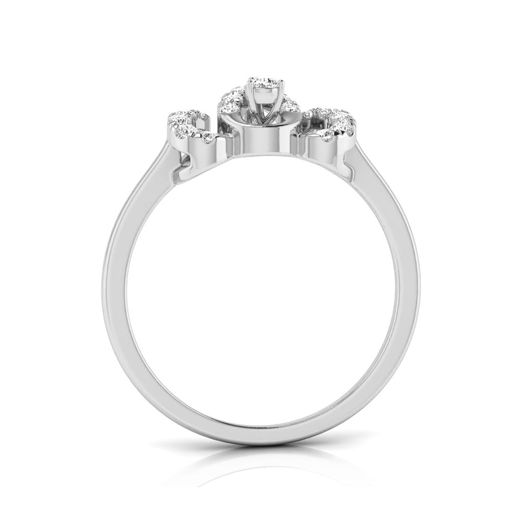 A silver-tone ring with a three-stone floral cluster setting, featuring a central round gemstone and smaller round stones along the shoulders, shown on a white background with a soft reflection. white gold