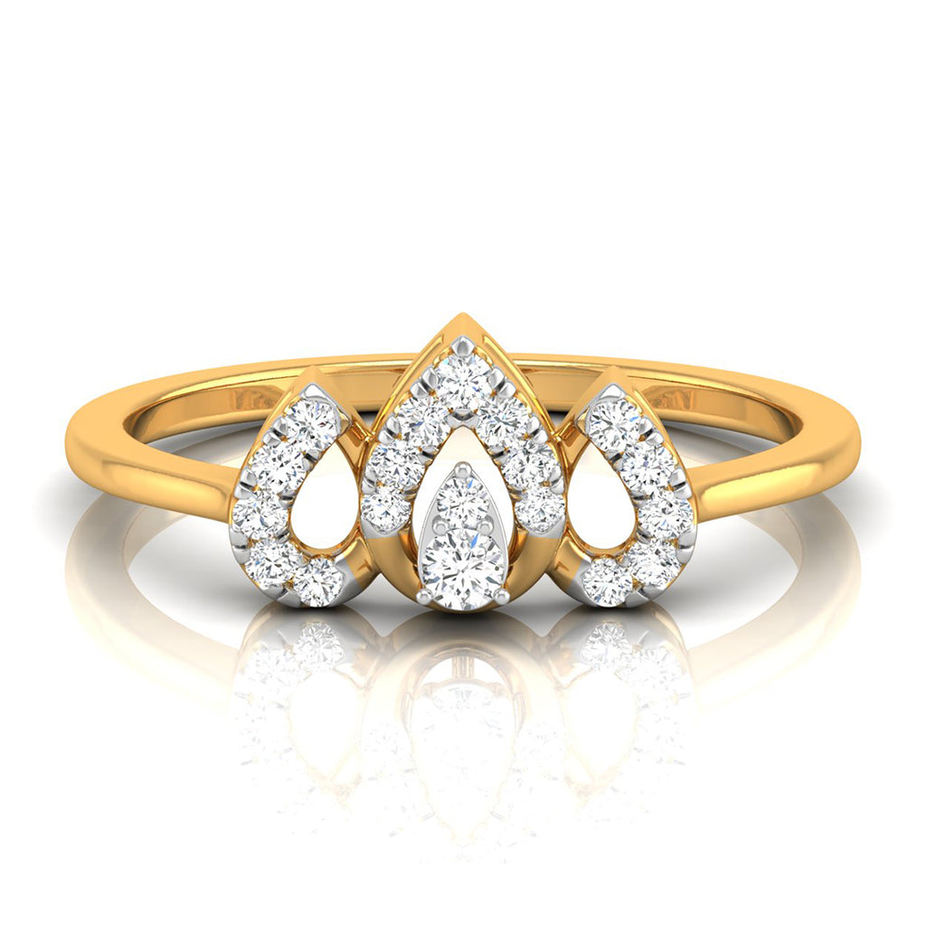 A yellow gold ring featuring three teardrop-shaped diamond clusters on a white background with a soft reflection.