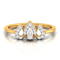 A yellow gold ring featuring three teardrop-shaped diamond clusters on a white background with a soft reflection.
