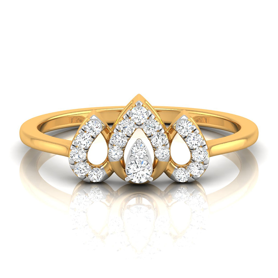 A yellow gold ring featuring three teardrop-shaped diamond clusters on a white background with a soft reflection.