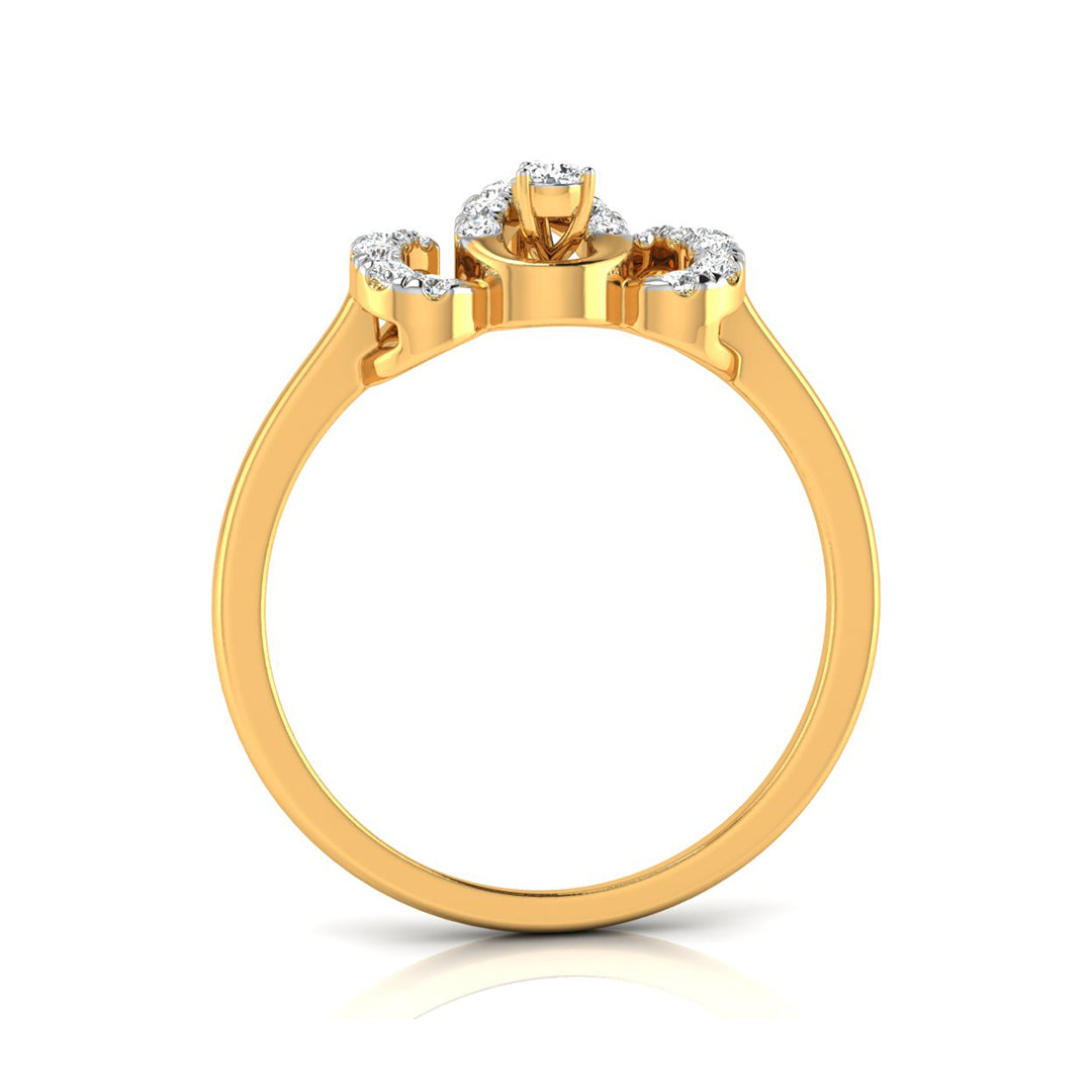 A yellow gold ring with a floral crown design featuring a central round diamond and smaller diamonds along the sides, shown on a white background with a soft reflection.