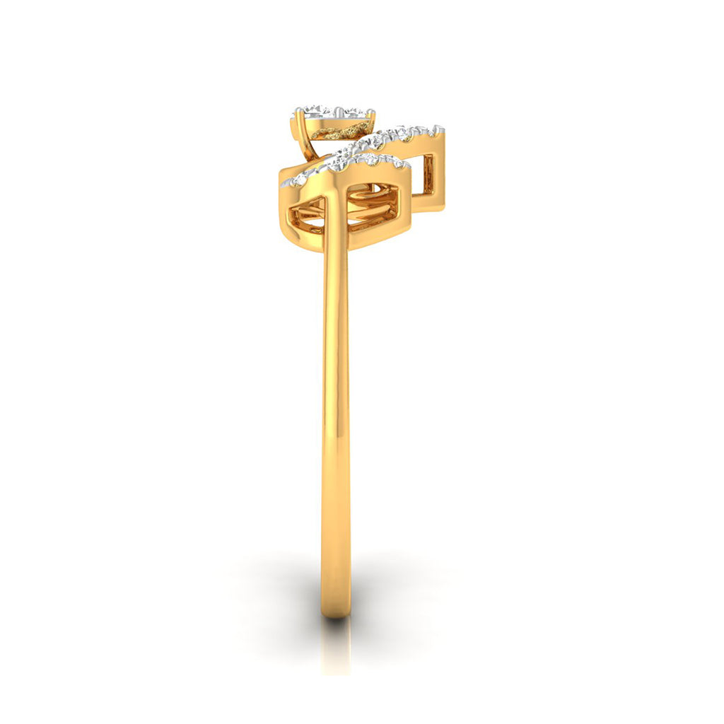 A yellow gold diamond ring shown from a side profile view on a clean white background.
