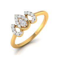 A yellow gold ring featuring a decorative crown-like top set with multiple round and pear-cut clear gemstones, shown on a clean white background.