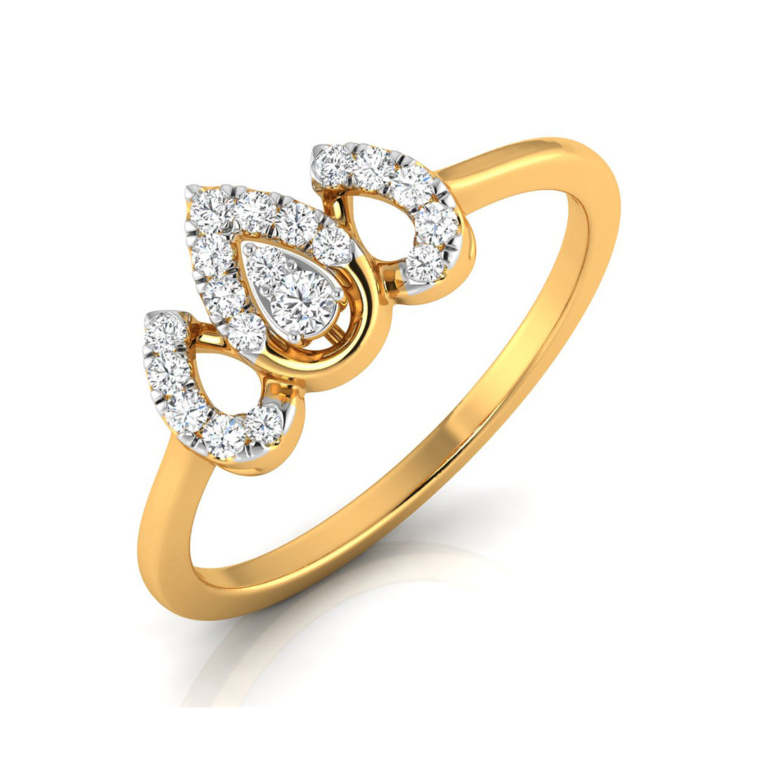 A yellow gold ring featuring a decorative crown-like top set with multiple round and pear-cut clear gemstones, shown on a clean white background.