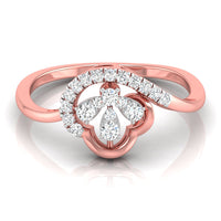 A rose gold ring featuring a floral clover motif set with round and pear-cut diamonds, shown on a clean white background with a soft reflection.