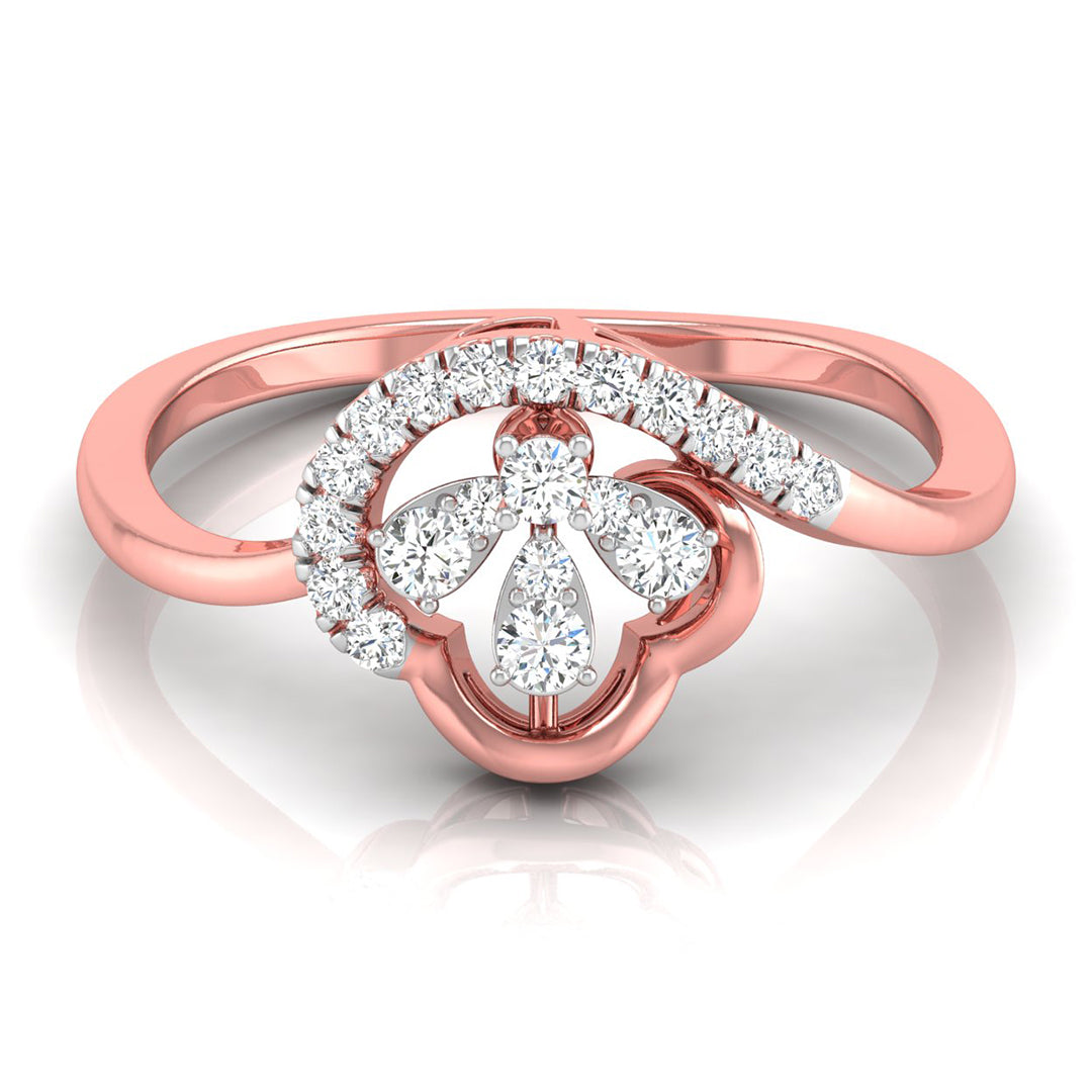 A rose gold ring featuring a floral clover motif set with round and pear-cut diamonds, shown on a clean white background with a soft reflection.
