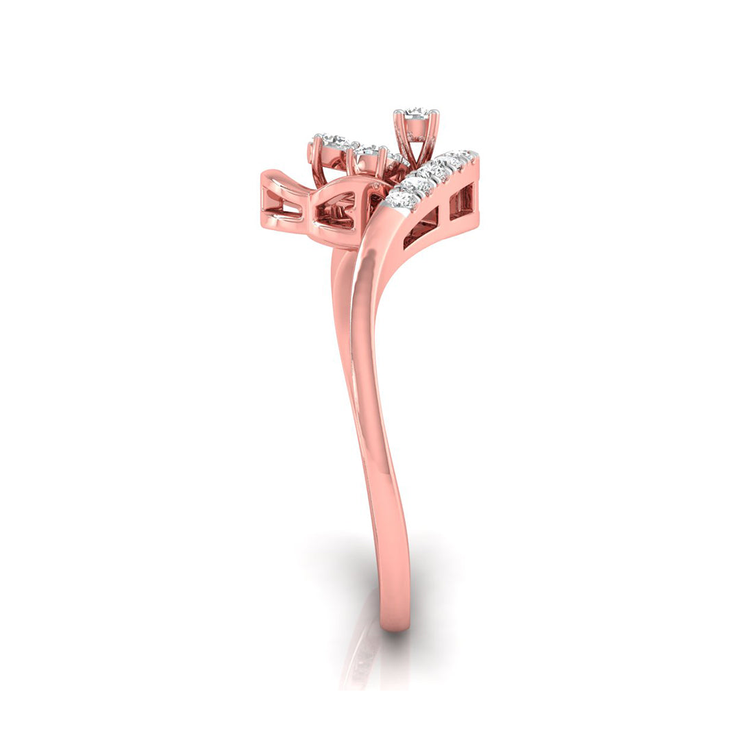 Rose gold diamond ring with a three-stone cluster setting on a white background.