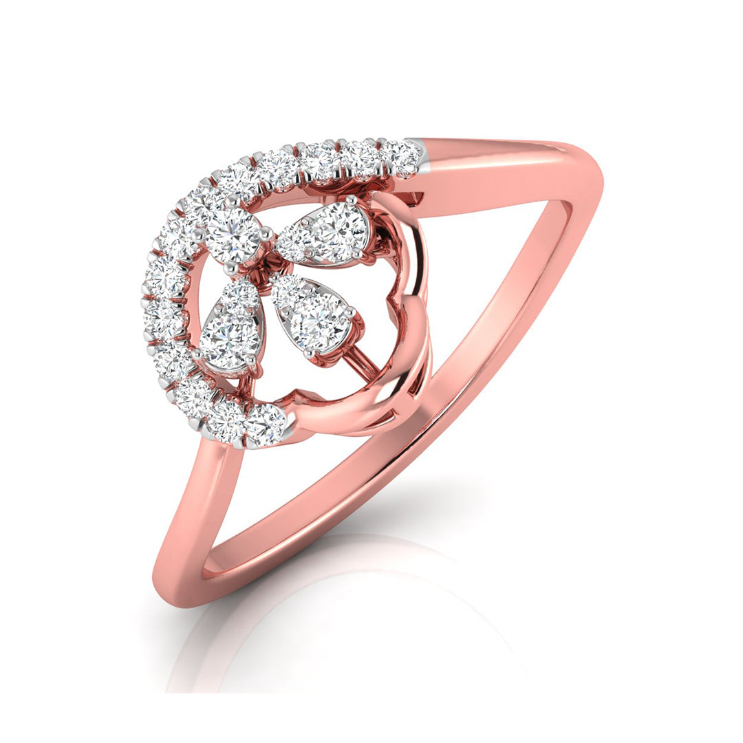 A rose gold ring featuring a floral design set with clear round and pear-cut gemstones, shown on a clean white background with a soft reflection.