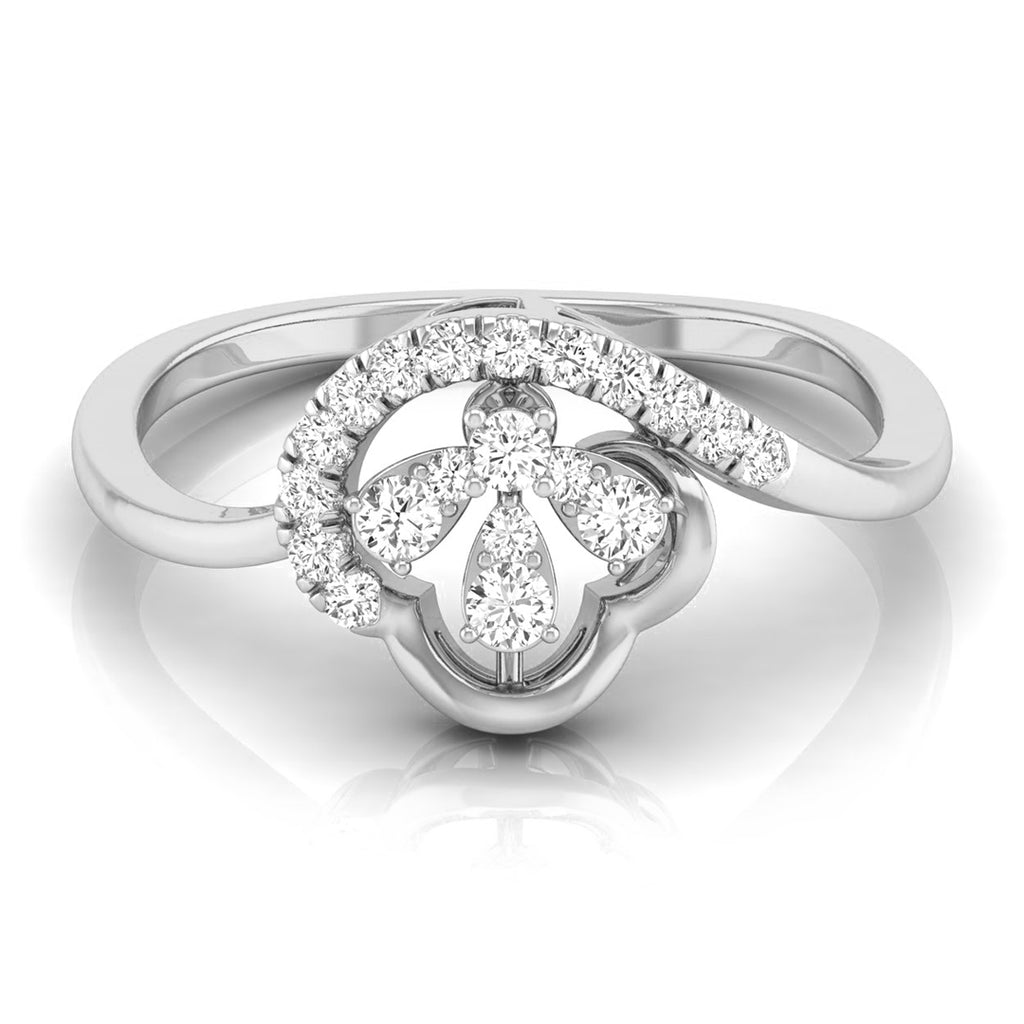 A silver-toned ring featuring a floral clover motif set with round and pear-cut clear stones, accented by a curved row of small stones along the band, shown on a reflective white background. white gold