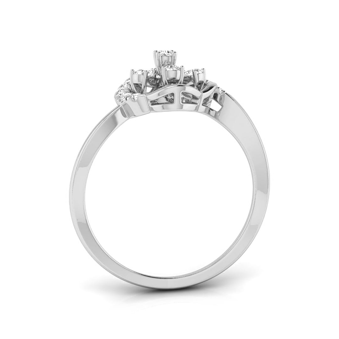 A silver-colored diamond ring with a cluster of small round-cut diamonds set in a prong setting, shown from a side profile view on a white background. white gold