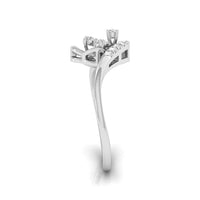 A silver-toned diamond ring with a curved, openwork band and a cluster of small round diamonds at the top, shown on a clean white background. white gold