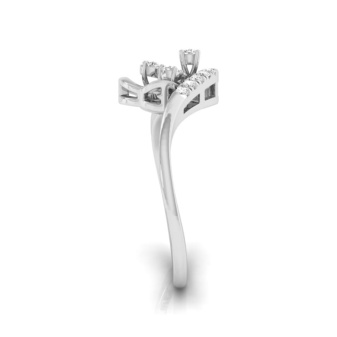 A silver-toned diamond ring with a curved, openwork band and a cluster of small round diamonds at the top, shown on a clean white background. white gold