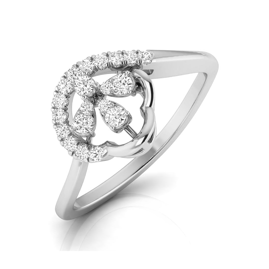 A silver ring featuring a crescent-shaped halo of small clear stones surrounding three larger marquise-cut stones, shown on a white background with a soft reflection. white gold