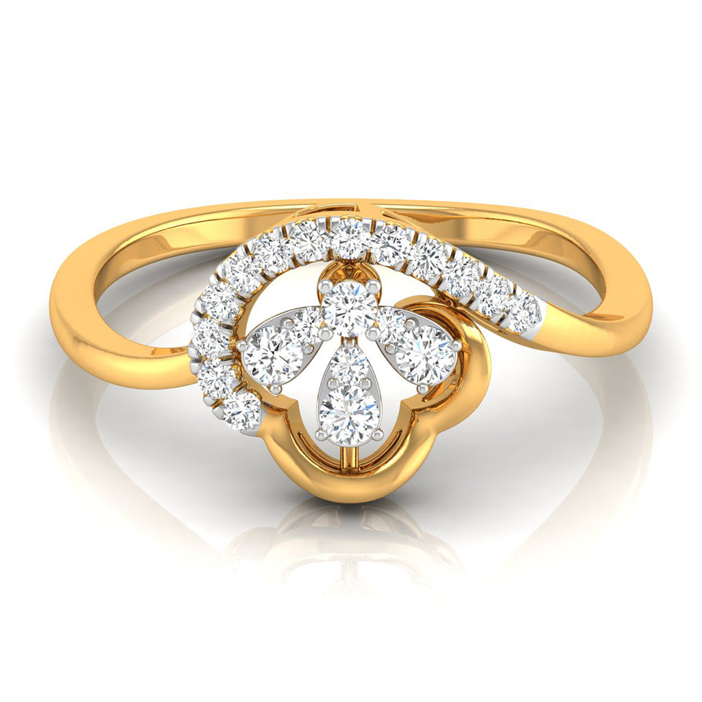 A yellow gold ring featuring a floral clover motif set with round and pear-cut diamonds, shown on a clean white background with a soft reflection.