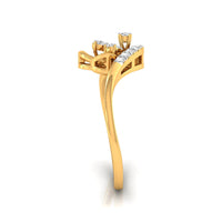 A yellow gold ring setting with a curved shank and a crown featuring small clear stones, shown on a plain white background.
