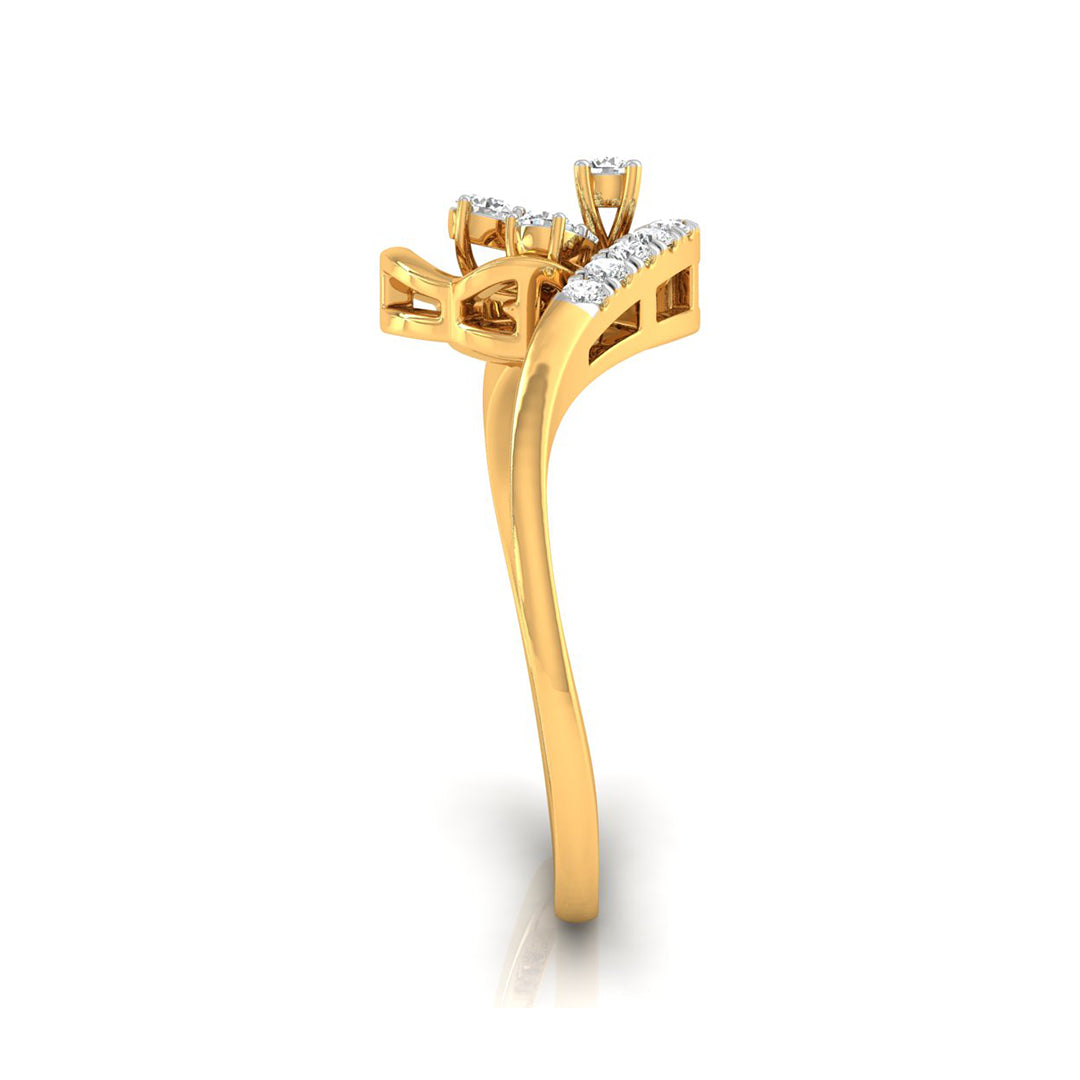 A yellow gold ring setting with a curved shank and a crown featuring small clear stones, shown on a plain white background.