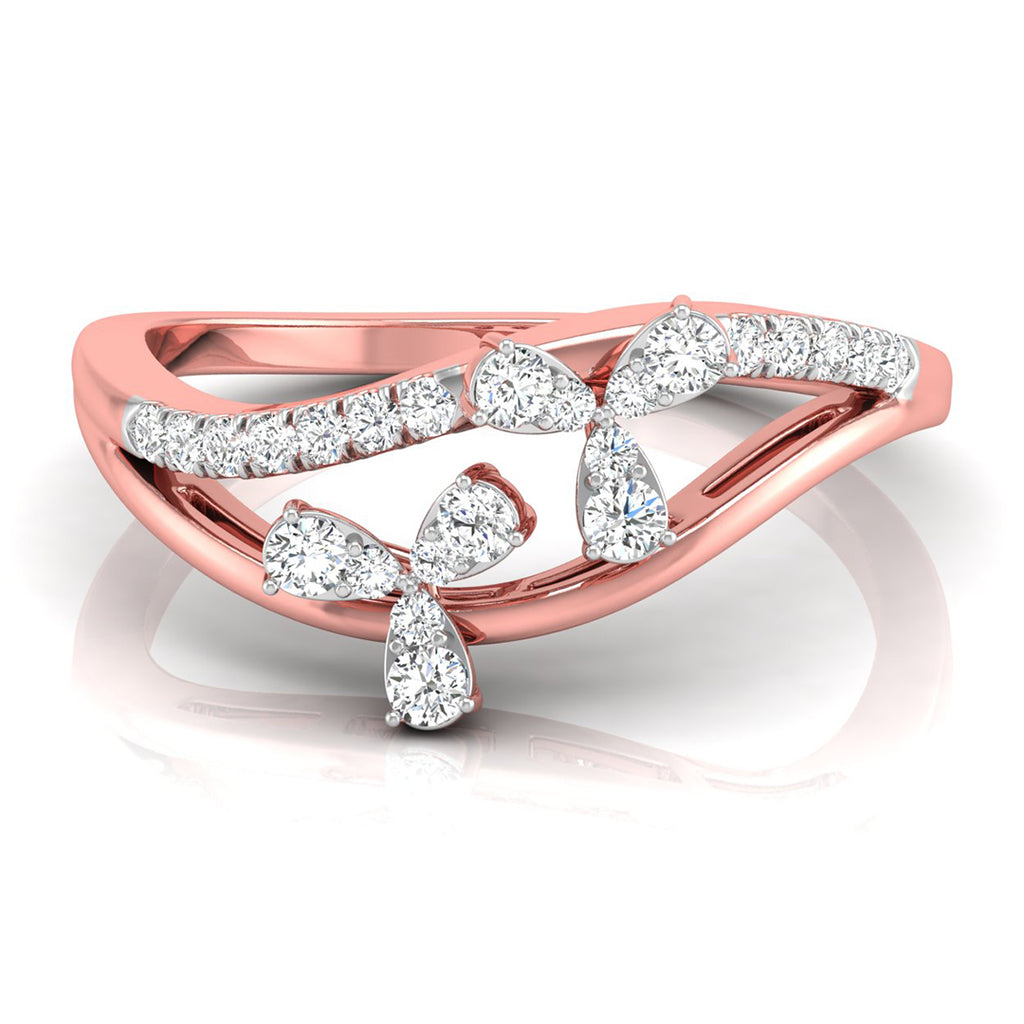 A rose gold ring with a flowing, openwork design set with multiple round and pear-cut diamonds, shown on a clean white background with a soft reflection.