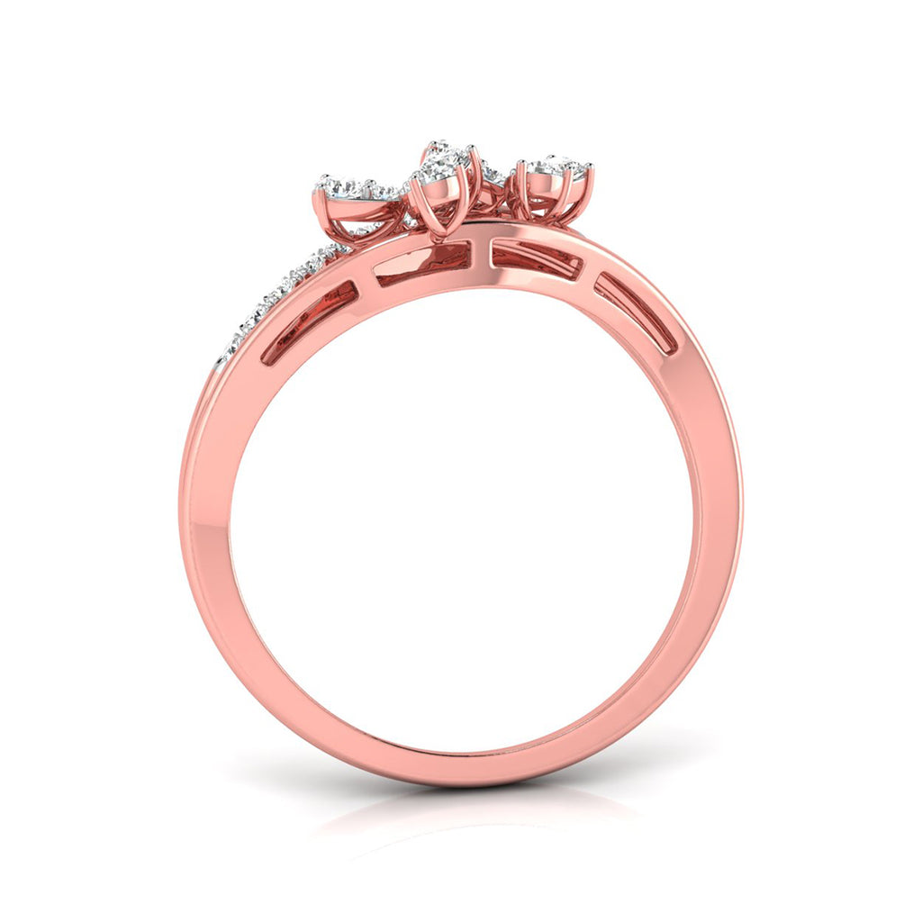 Rose gold ring with a bow-like top setting and small clear stones, shown on a clean white background.