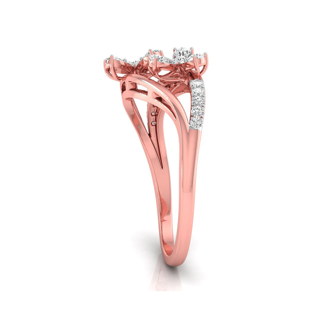 A rose gold diamond ring with a three-stone cluster setting and pavé accents on the shank, shown on a clean white background.