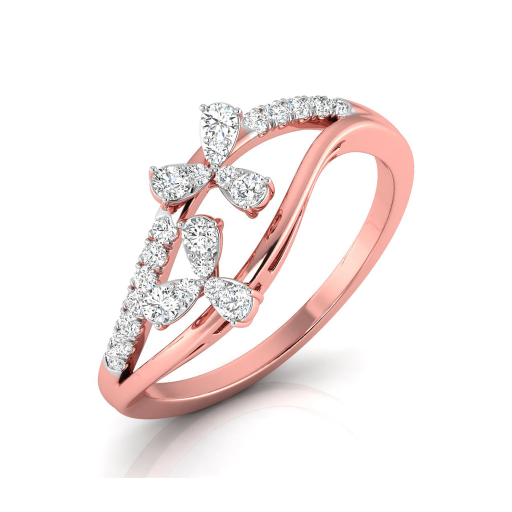 A rose gold ring featuring three butterfly motifs paved with clear stones, set against a clean white background.