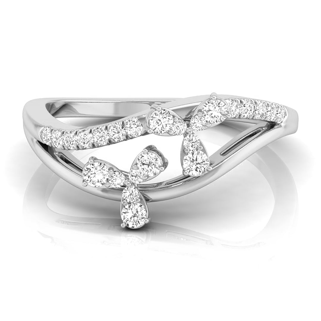 A silver-toned butterfly ring set with round and pear-cut diamonds, shown on a clean white background with a soft reflection. white gold