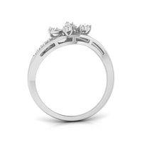 A silver-colored diamond ring with a three-stone crown and a pavé band, shown from a side profile view on a white background. white gold