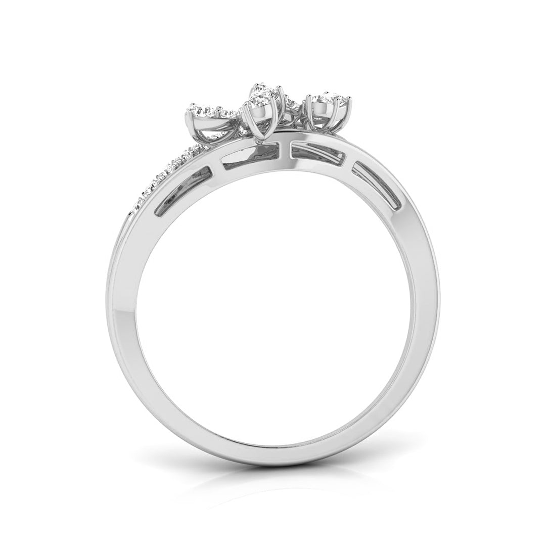 A silver-colored diamond ring with a three-stone crown and a pavé band, shown from a side profile view on a white background. white gold