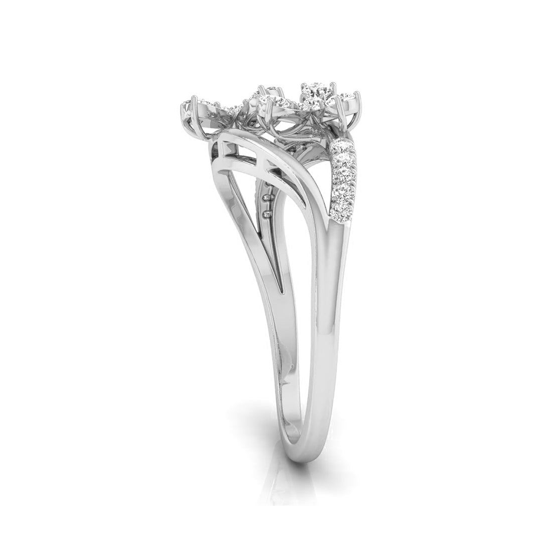 A silver-tone triple-stone diamond ring shown from a side profile view against a clean white background. white gold
