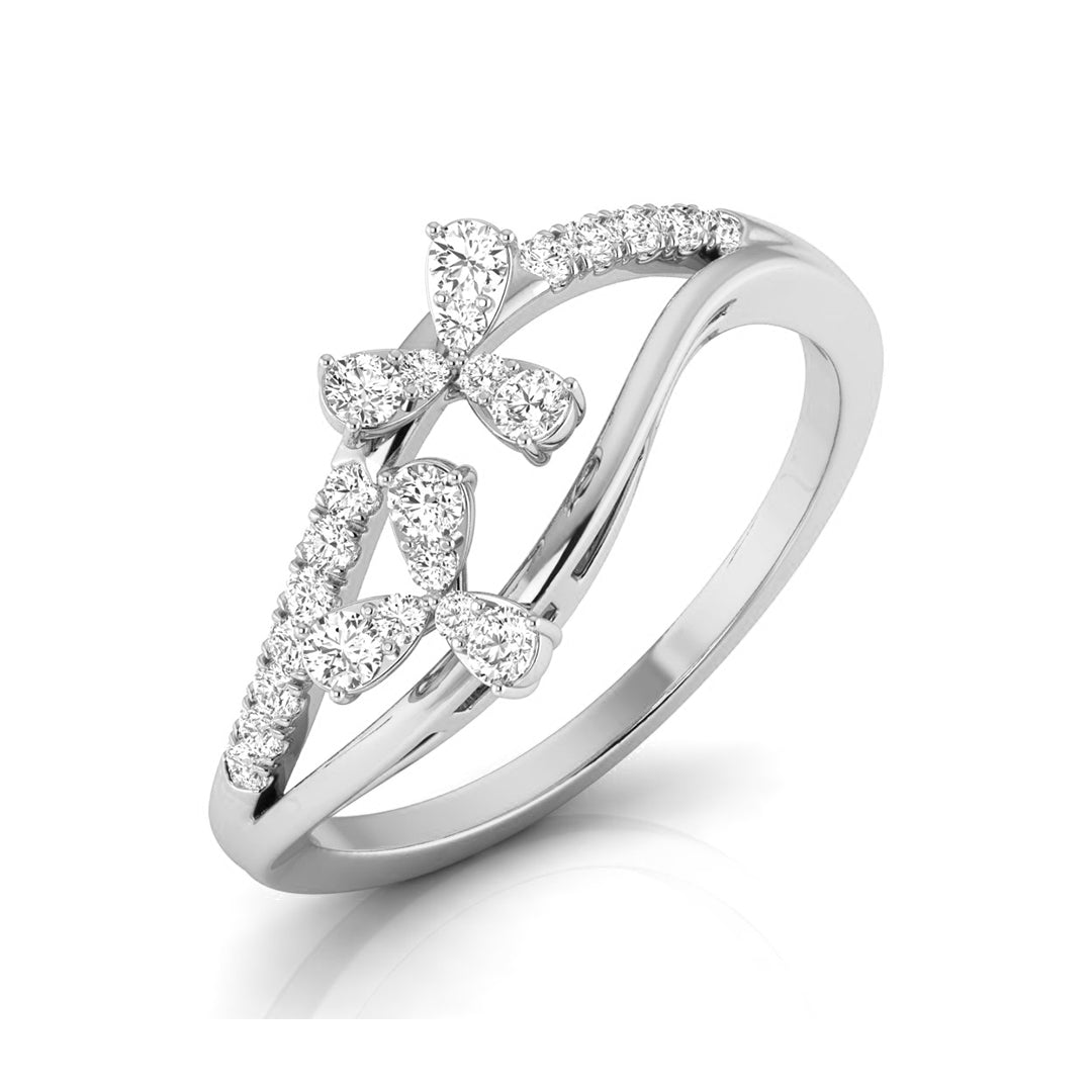 A silver-toned ring featuring a butterfly motif paved with clear round and heart-shaped gemstones, set against a clean white background. white gold
