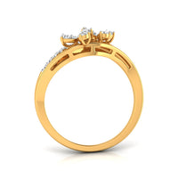 A yellow gold ring shown from the back, featuring a three-stone crown with clear gemstones and a curved row of small stones along the shank, set against a plain white background. yellow gold