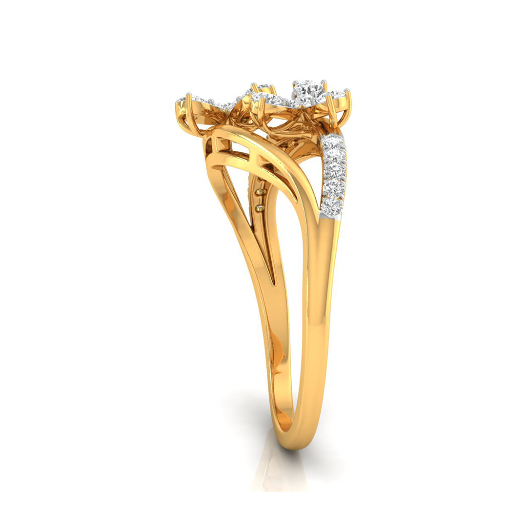 A yellow gold ring with a three-stone cluster setting featuring clear gemstones, shown on a clean white background.