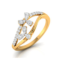 A yellow gold ring featuring three butterfly motifs set with small clear round and marquise-cut stones, shown on a clean white background with a soft reflection.
