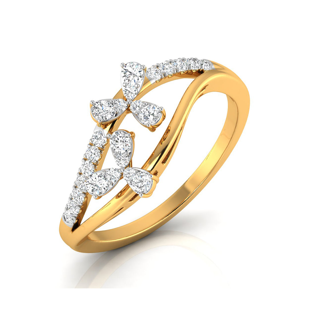 A yellow gold ring featuring three butterfly motifs set with small clear round and marquise-cut stones, shown on a clean white background with a soft reflection.