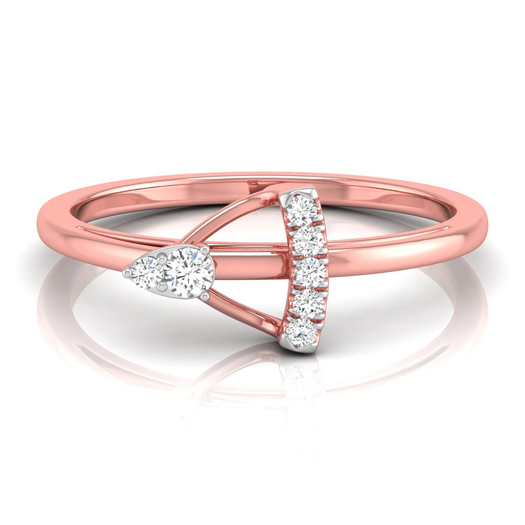 A rose gold ring with a geometric design featuring a pear-cut diamond on the left and a curved bar of round diamonds on the right, set against a clean white background with a soft reflection.