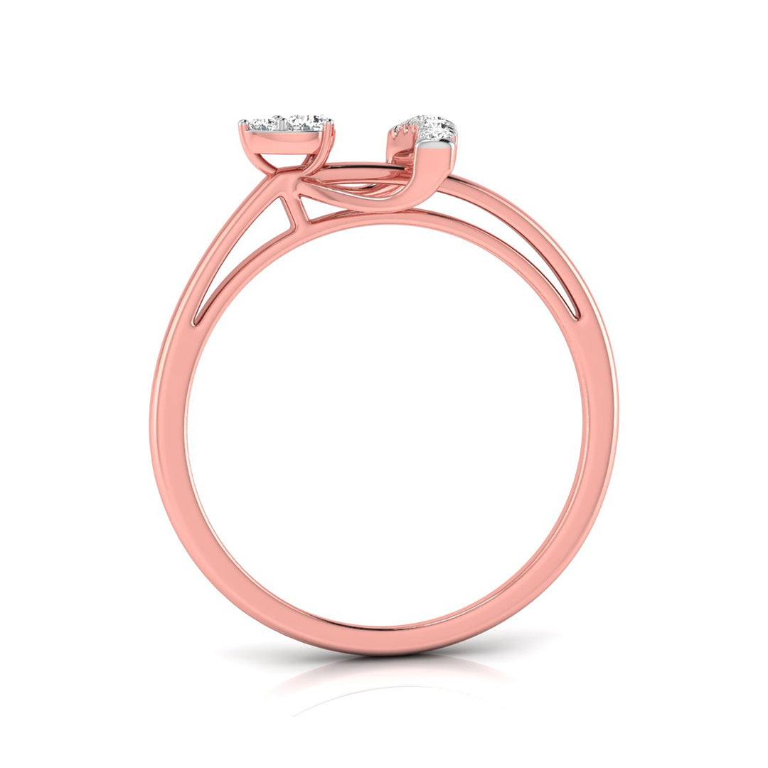 A rose gold diamond ring with a split shank design and two round-cut diamonds, shown on a clean white background.