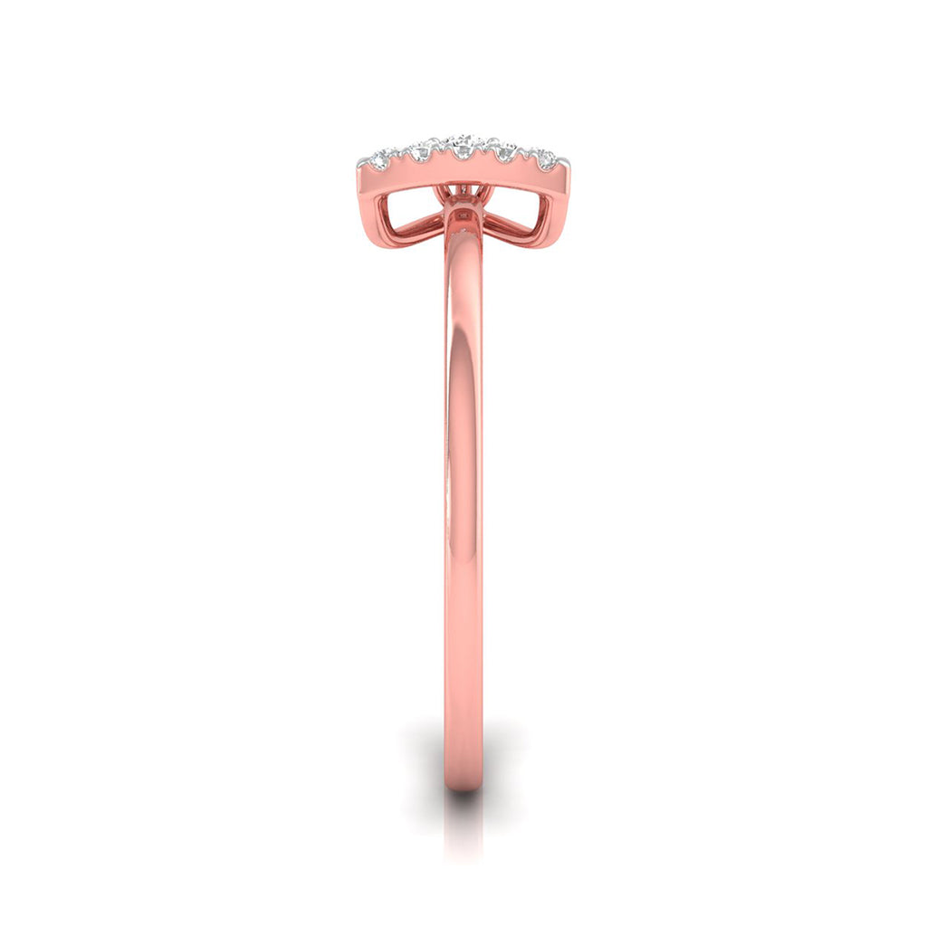 A rose gold ring shown from the side profile, featuring a curved pavé diamond crown on a polished band, set against a clean white background.