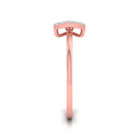 A rose gold ring shown from the side profile, featuring a curved pavé diamond crown on a polished band, set against a clean white background.