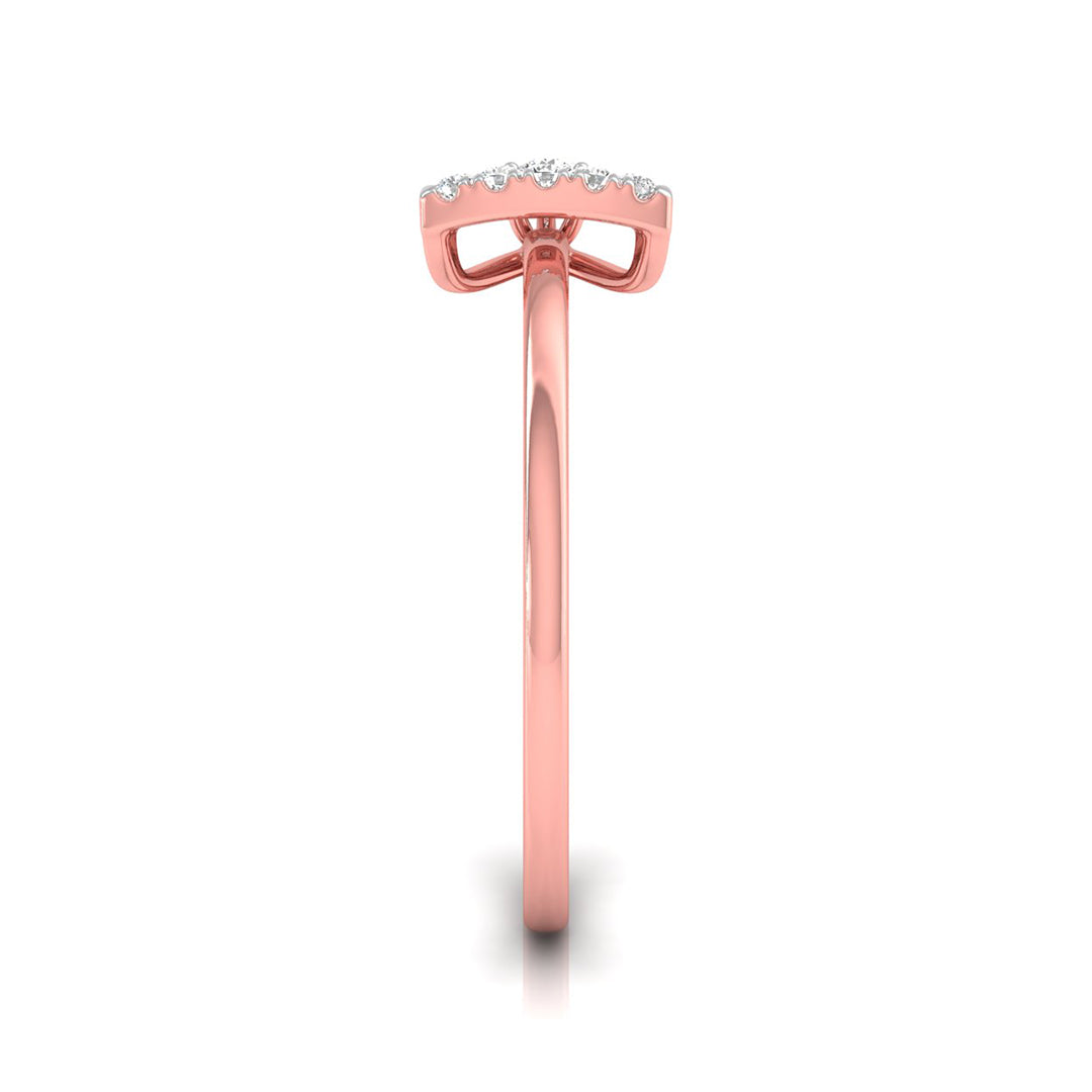 A rose gold ring shown from the side profile, featuring a curved pavé diamond crown on a polished band, set against a clean white background.