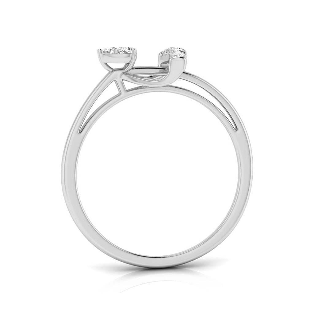 A silver-toned three-stone diamond engagement ring shown from a top-down view on a clean white background. white gold
