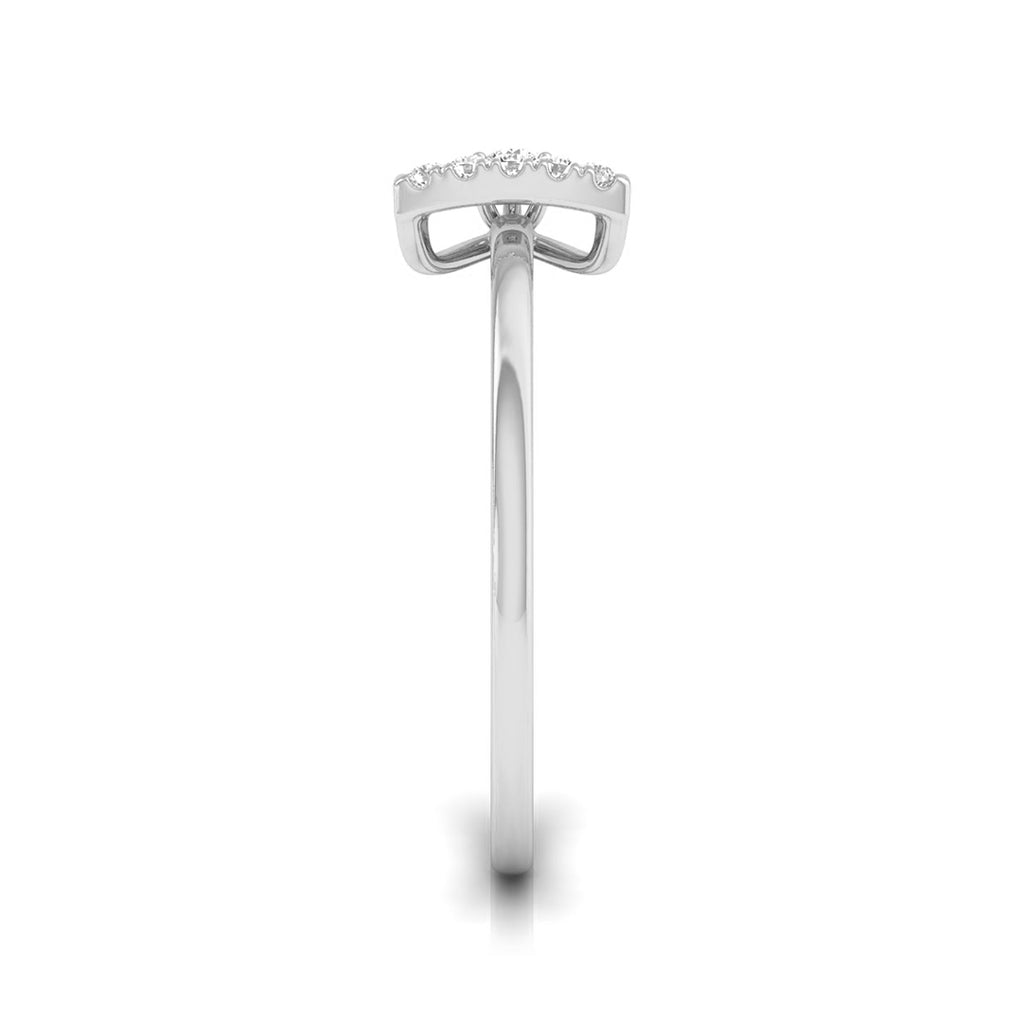 A silver diamond halo ring shown from the back, featuring a curved pavé setting with small clear stones and a polished band, on a white background. white gold