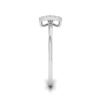 A silver diamond halo ring shown from the back, featuring a curved pavé setting with small clear stones and a polished band, on a white background. white gold