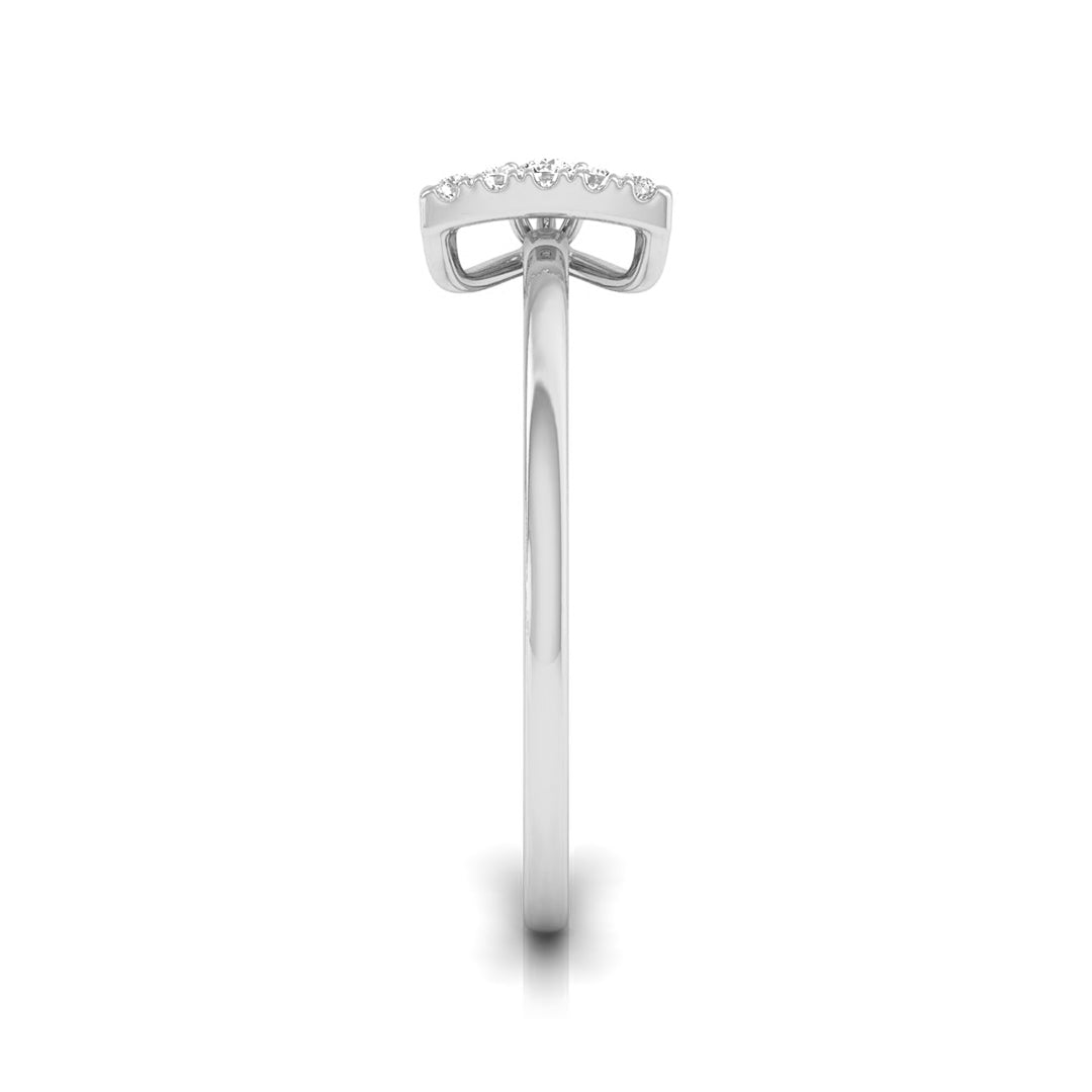 A silver diamond halo ring shown from the back, featuring a curved pavé setting with small clear stones and a polished band, on a white background. white gold