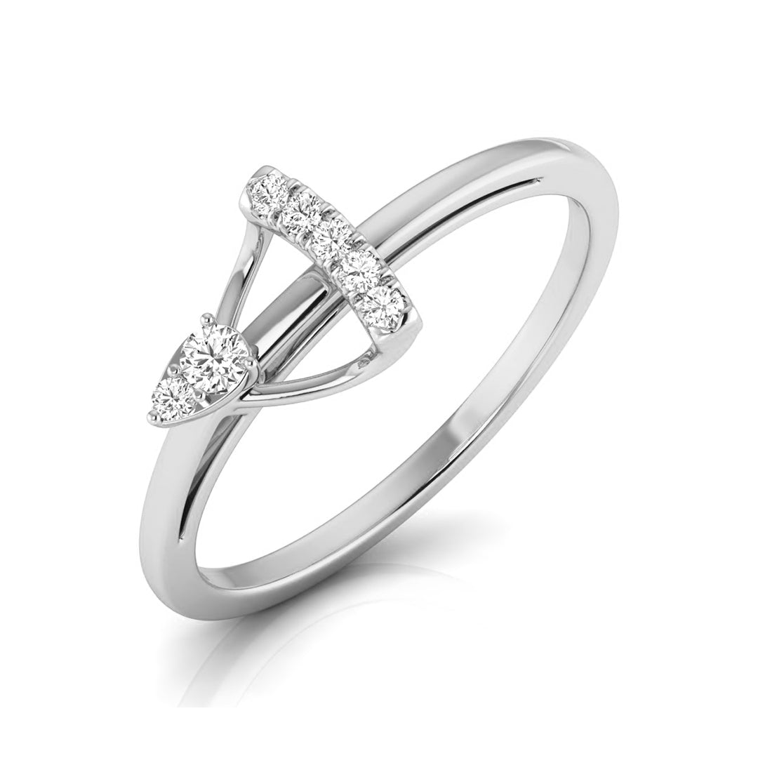 A silver-toned diamond ring with a unique V-shaped design, featuring a pear-cut diamond and a pavé-set row of round diamonds on the upper crossbar, shown on a clean white background. white gold