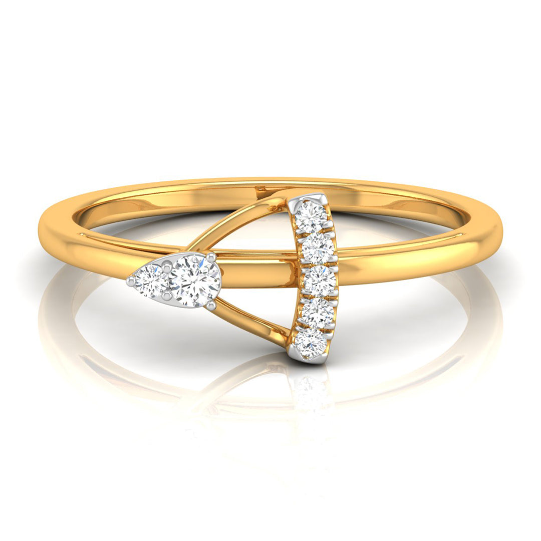 A yellow gold ring with a geometric design featuring a pear-cut diamond on one side and a curved row of round diamonds on the other, set against a clean white background with a soft reflection.
