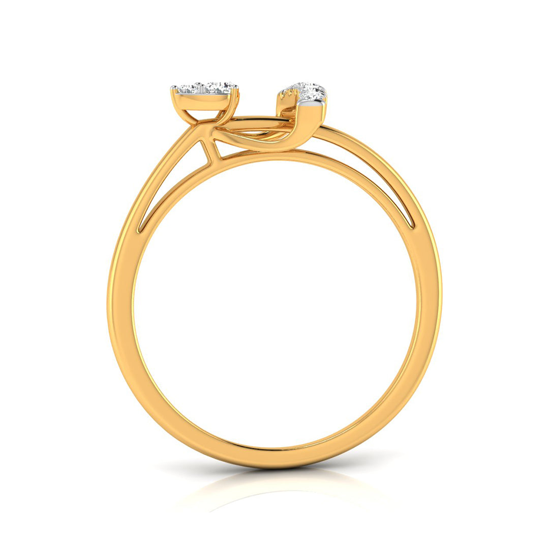A yellow gold ring with a split shank and two small round-cut clear gemstones in the crown, shown on a clean white background.