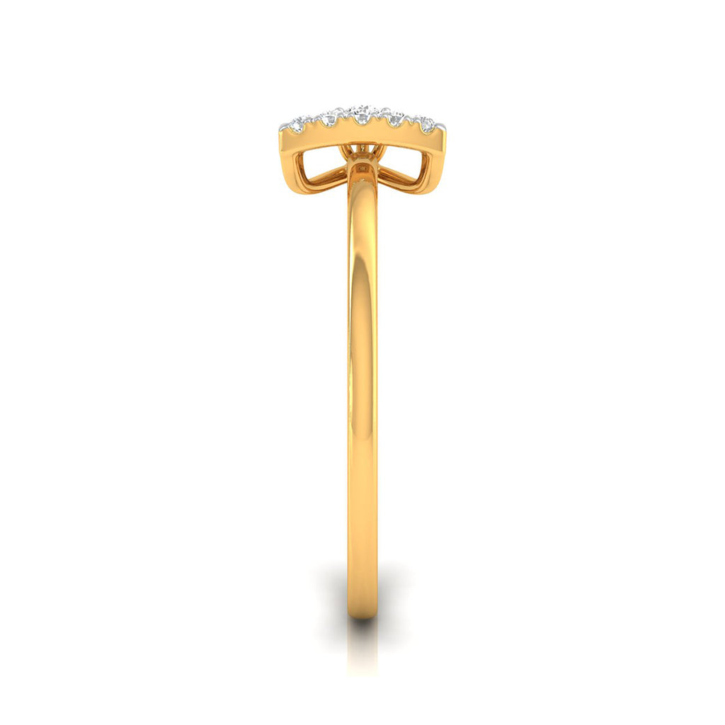 A yellow gold ring with a curved top set with small clear stones, shown from a side profile view on a white background.