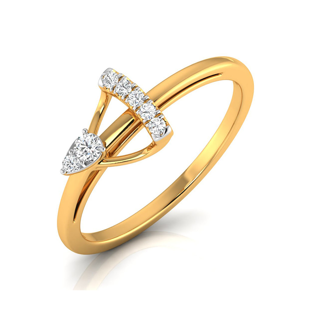 A yellow gold ring with a unique split design featuring a pear-cut diamond and a curved bar with small round diamonds, set against a clean white background.