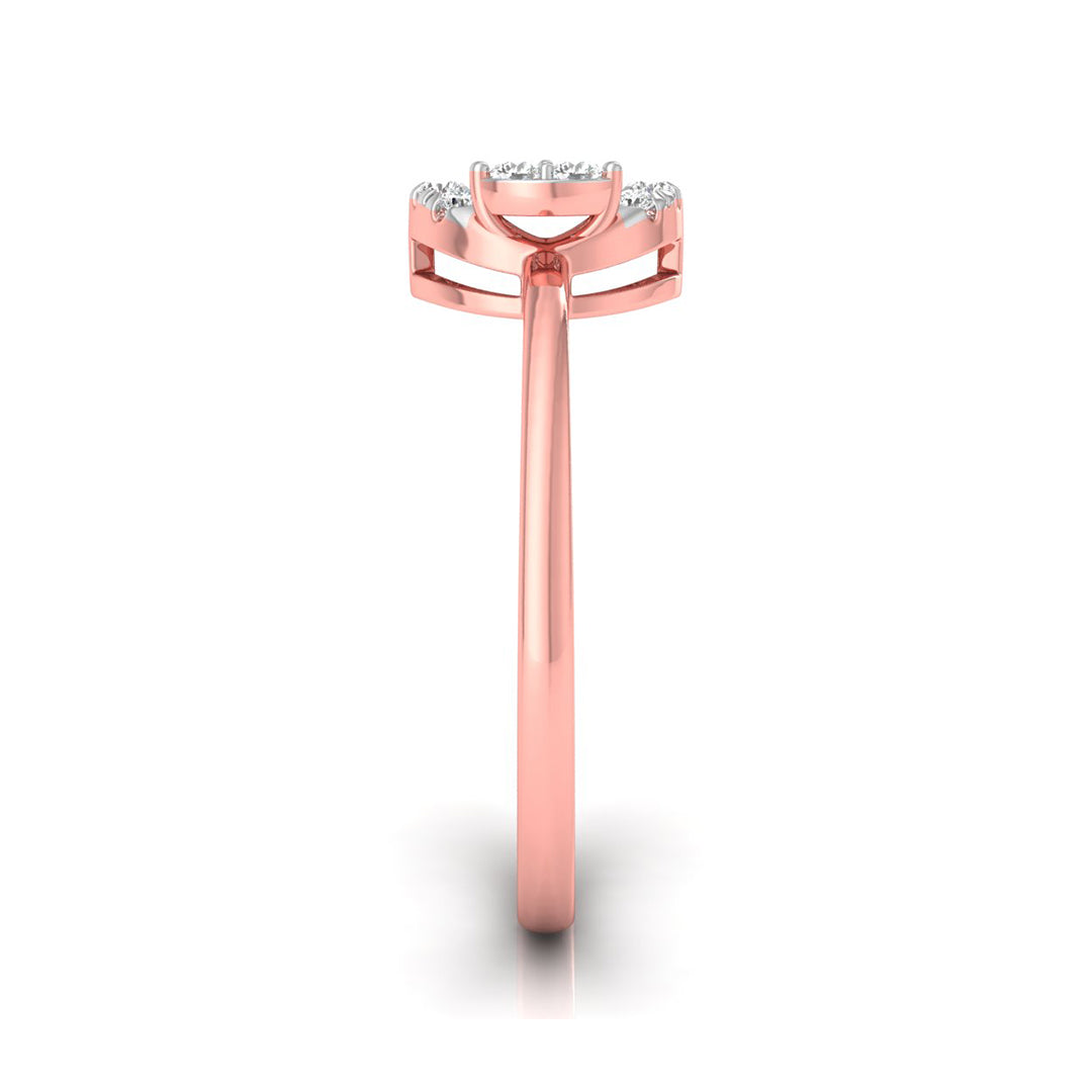 Rose gold diamond ring with a curved pavé band and a central round-cut diamond, shown from the side on a white background.